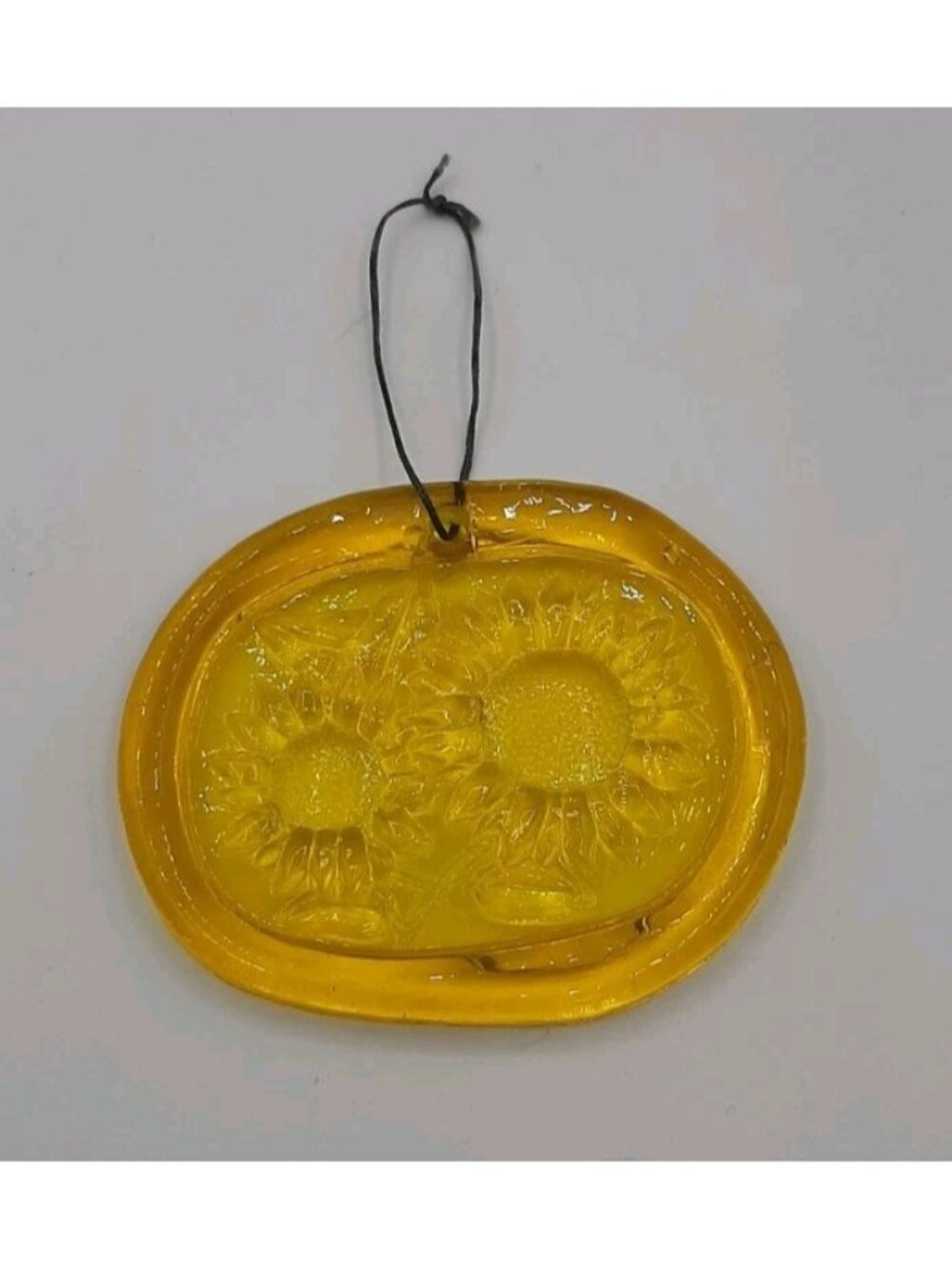 Vtg Oval Pressed Glass Suncatcher Yellow Colored Embossed Sunflowers Handmade